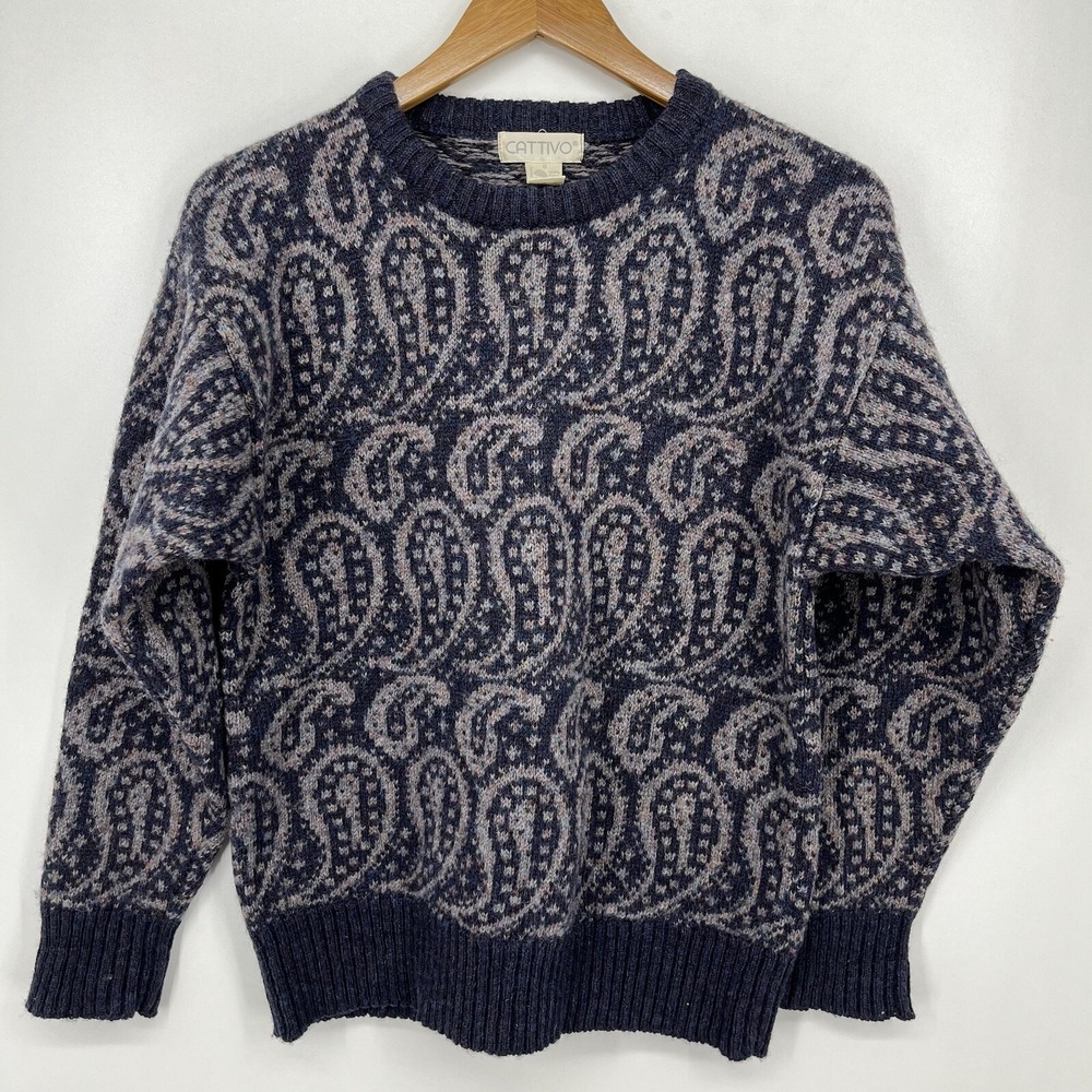 Cattivo Womens Navy Blue Grey Paisley 100% Shetland Wool Crewneck Sweater Small